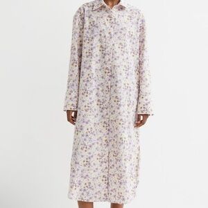 H&M Women’s Floral Cotton Button-Up Midi Shirt Dress Purple Cream Size XL